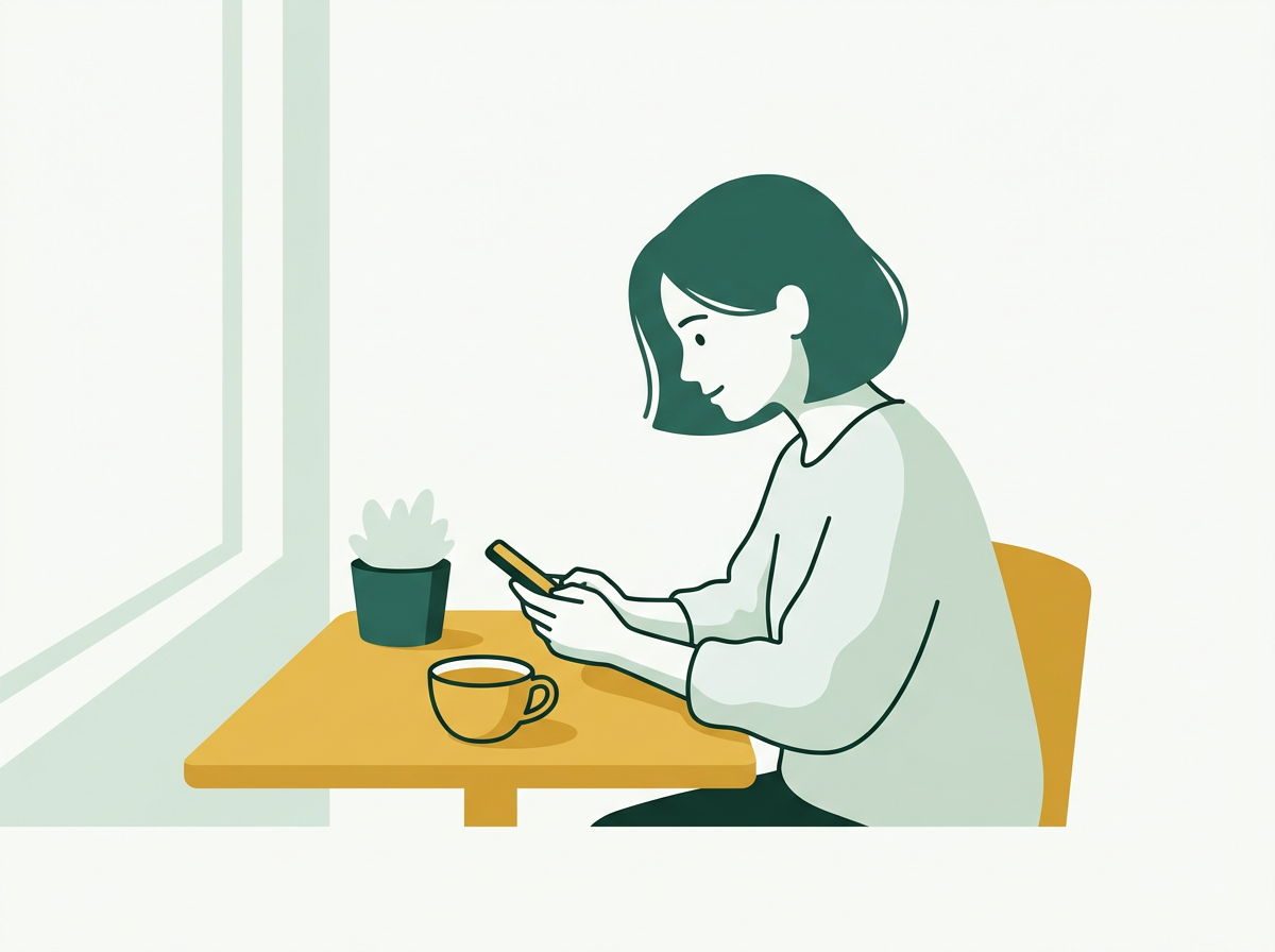 A person at a table answering questions on their phone
